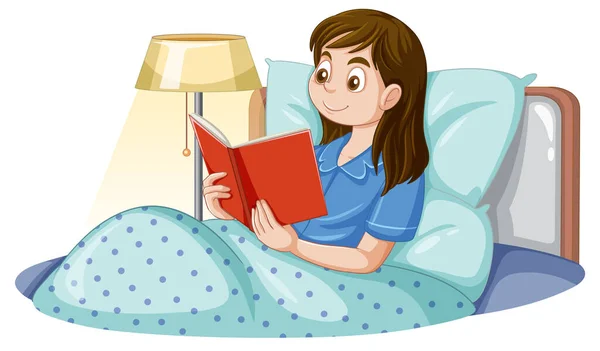 Yatak Illüstrasyonunda Kız Okuma Kitabı — Stok Vektör