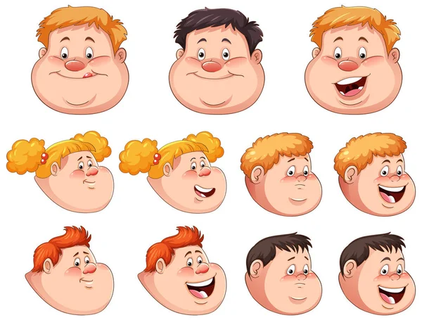 一套胖胖的卡通人物人脸插图 — 图库矢量图片