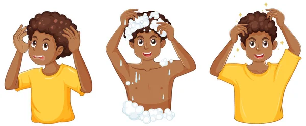 Teenage Boy Washing Hair Characters Ορισμός Εικονογράφηση — Διανυσματικό Αρχείο