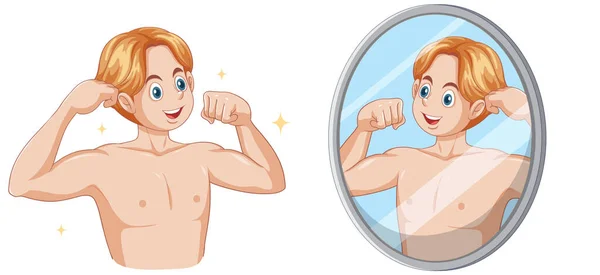 Ragazzo Pubertà Che Controlla Cambiamenti Fisici Nell Illustrazione Dello Specchio — Vettoriale Stock