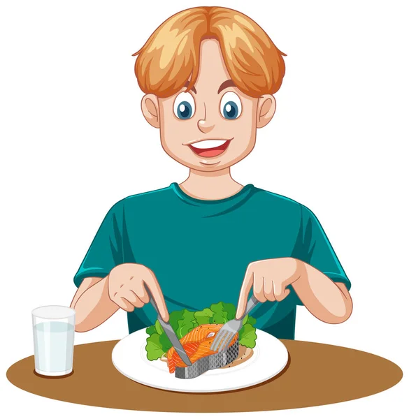Teenage Boy Απολαμβάνοντας Μια Διατροφική Απεικόνιση Γεύματος — Διανυσματικό Αρχείο