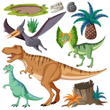 Dinozor ve Doğa Elementleri Vektör Koleksiyonu çizimi