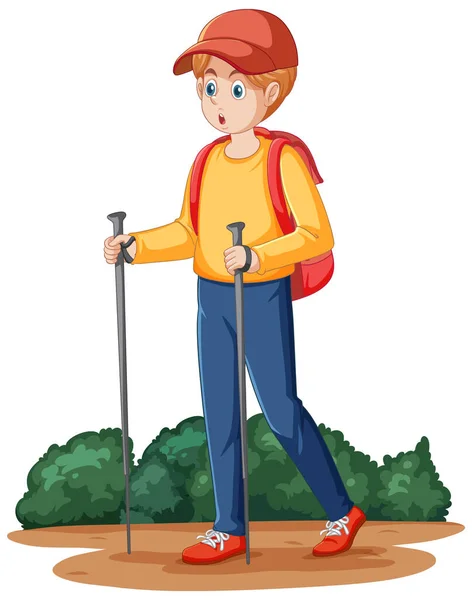 Ragazzo Adolescente Escursionismo Cartone Animato Personaggio Illustrazione — Vettoriale Stock