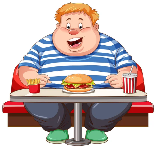 Uomo Sovrappeso Mangiare Fast Food Ristorante Isolato Illustrazione — Vettoriale Stock