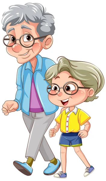 Nonno Che Cammina Con Nipoti Illustrazione — Vettoriale Stock