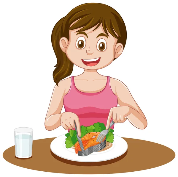Chica Feliz Comiendo Salmón Saludable Ilustración Mesa — Vector de stock