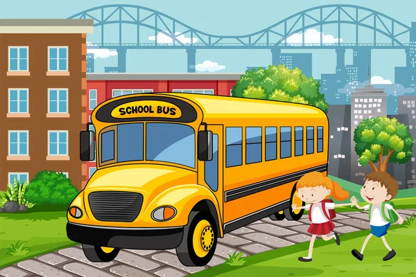 Autobús Escolar Con Ilustración Escena Estudiantil — Archivo Imágenes Vectoriales