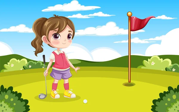 Meisje Golfen Golfbaan Outdoor Illustratie — Stockvector