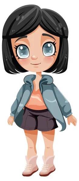 Adorable Girl Big Eyes Black Hair Cartoon Character Illustration — Stock Vector