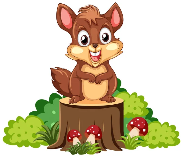 Niedliche Eichhörnchen Cartoon Figur Steht Auf Baumstumpf Illustration — Stockvektor