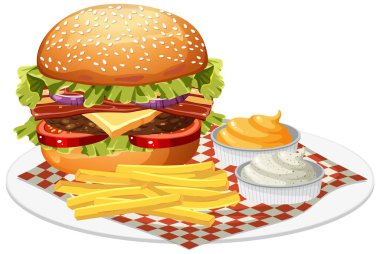 İzole edilmiş lezzetli hamburger çizgi film çizimi