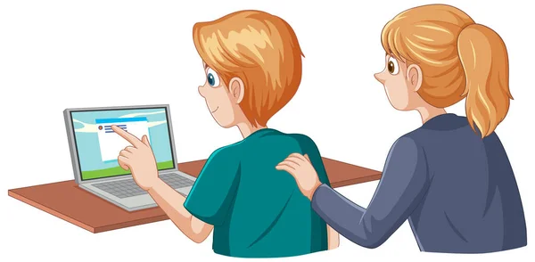 Tonårspojke Använda Laptop Med Sin Mamma Illustration — Stock vektor