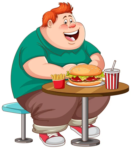 Υπερβολικό Άνθρωπος Τρώει Fast Food Στο Τραπέζι Απομονωμένη Εικόνα — Διανυσματικό Αρχείο