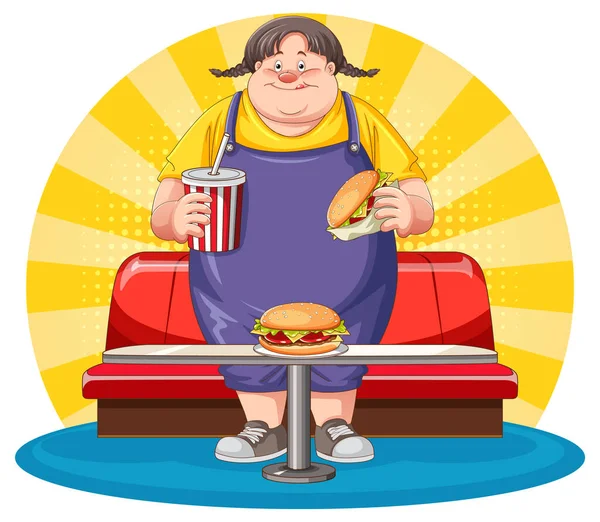 Donna Sovrappeso Fast Food Illustrazione Tentazione — Vettoriale Stock