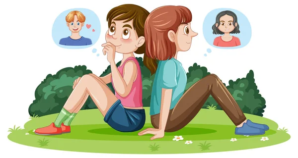 Two Teen Sitting Ground Day Dreaming Illustration — Stock Vector