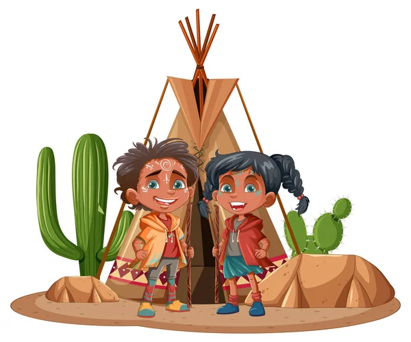 Ilustración Personajes Dibujos Animados Para Niños Indígenas — Vector de stock