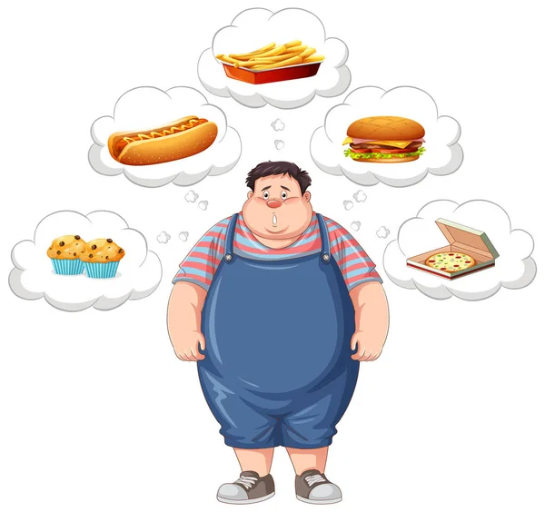 Lelaki Gemuk Berpikir Tentang Makanan Cepat Saji Ilustrasi - Stok Vektor