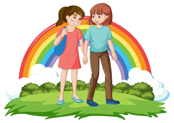 Leszbikus Pár Kéz Kézben Sétálva Parkban Illusztráció — Stock Vector
