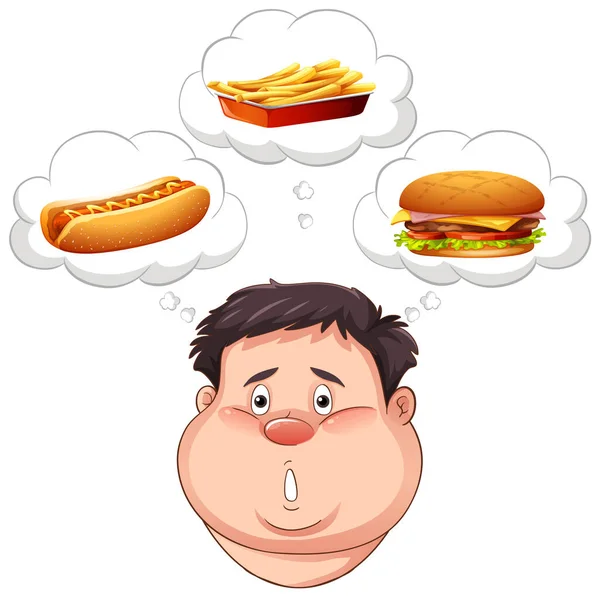 Uomo Sovrappeso Pensando Illustrazione Fast Food — Vettoriale Stock