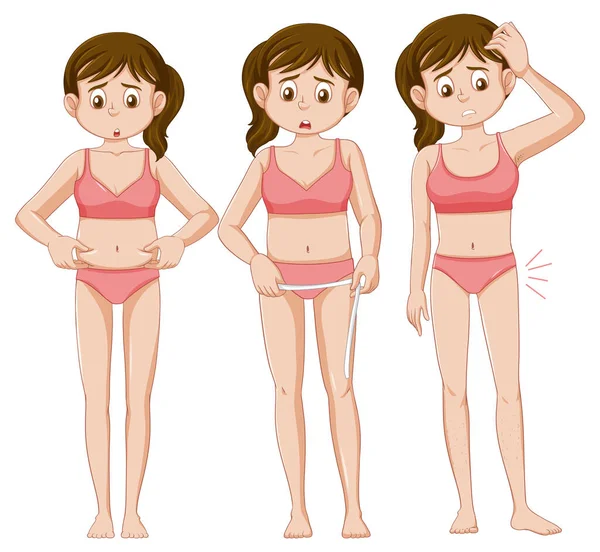 Set Van Vrouwelijke Tiener Zorgen Maken Lichaamsgewicht Illustratie — Stockvector