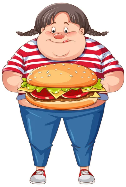 Nadwaga Kobieta Gospodarstwa Fast Food Postać Kreskówek Ilustracja — Wektor stockowy