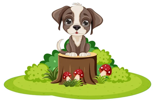 Adorable Dog Sitting Stump Illustration — Stock Vector