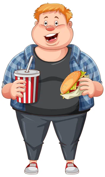 Избыточный Вес Человека Проведение Fast Food Мультфильм Персонаж Иллюстрация — стоковый вектор
