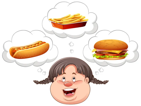 Ragazza Sovrappeso Pensando Illustrazione Fast Food — Vettoriale Stock