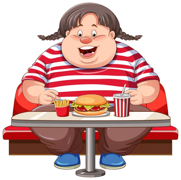 Kobieta Nadwagą Jedząca Fast Food Stole Odizolowana Ilustracja — Wektor stockowy