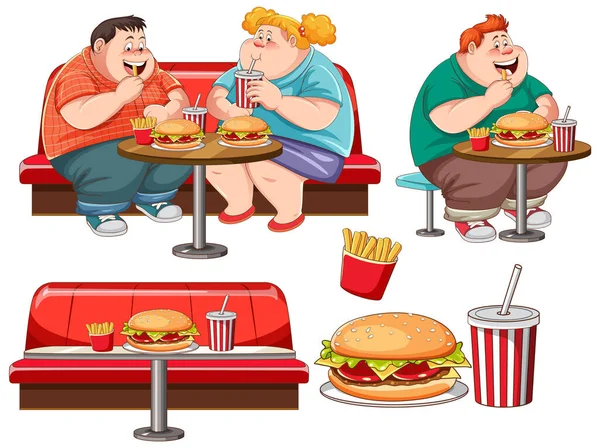 Dicke Paare Essen Fast Food Illustration — Stockvektor