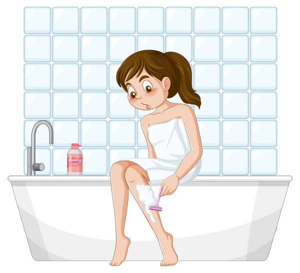 浴室插图中的一个女青少年剃须腿 — 图库矢量图片