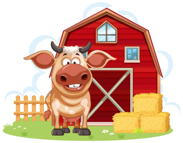 Vaca Com Celeiro Desenho Animado Ilustração Estilo —  Vetores de Stock