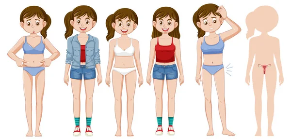 Set Van Vrouwelijke Jeugd Met Verschillende Outfit Body Illustratie — Stockvector