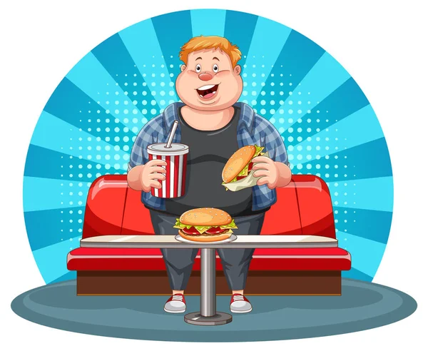 Sovrappeso Uomo Fast Food Tentazione Illustrazione — Vettoriale Stock