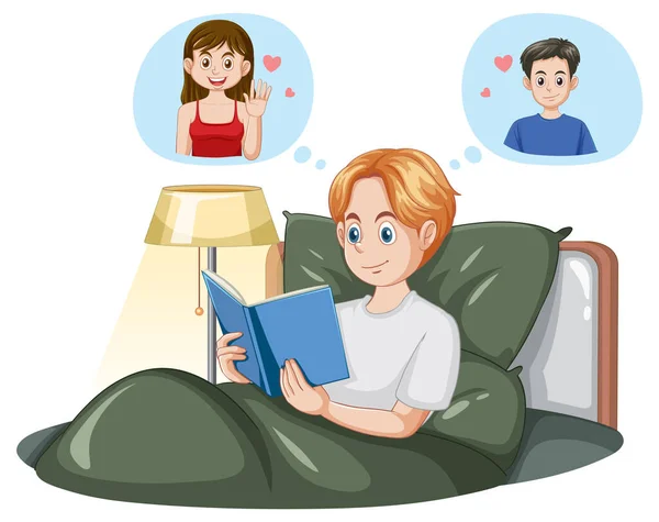 Boy Reading Fiction Love Story Book Illustration — Stock Vector