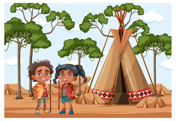 Indigenous Kids Tecknad Karaktär Illustration — Stock vektor