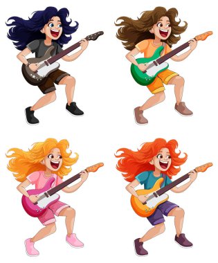 Rock bas müzisyeni çizgi film karakteri çizimleri.