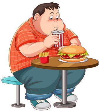 Şişman bir adam masada fast food yiyor.