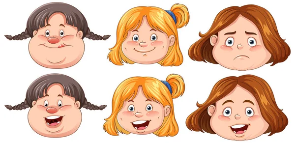 Overweight Girl Facial Expression Collection Illustration — Stock Vector