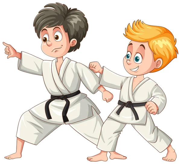 Kids Different Races Playing Taekwondo Illustration — Stock Vector