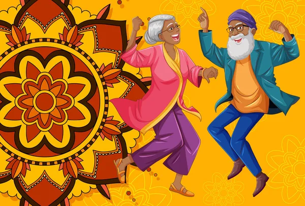 インドの老夫婦は曼荼羅の背景イラストで踊る — ストックベクタ