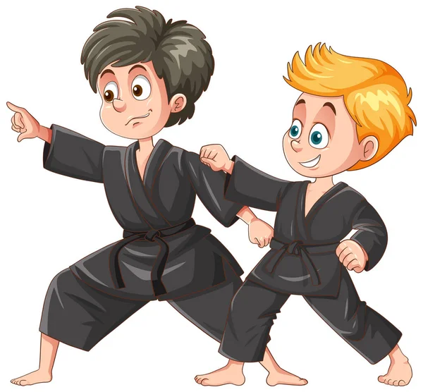 Niños Diferentes Razas Jugando Taekwondo Ilustración — Archivo Imágenes Vectoriales
