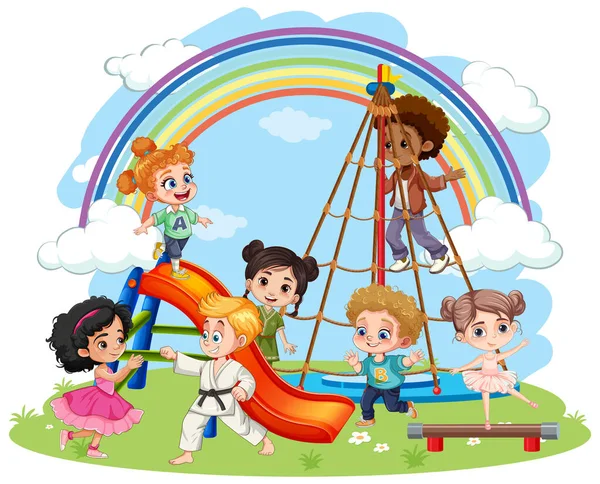 Barn Med Olika Ras Spelar Lekplatsen Illustration — Stock vektor