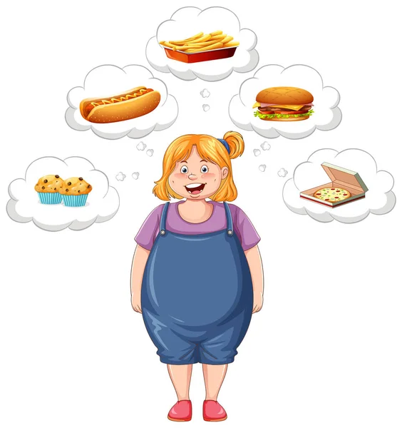 Nadwaga Dziewczyna Myśli Fast Food Ilustracji — Wektor stockowy