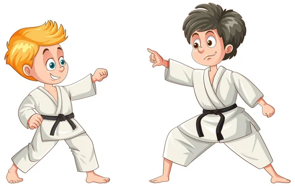 Niños Diferentes Razas Jugando Taekwondo Ilustración — Vector de stock