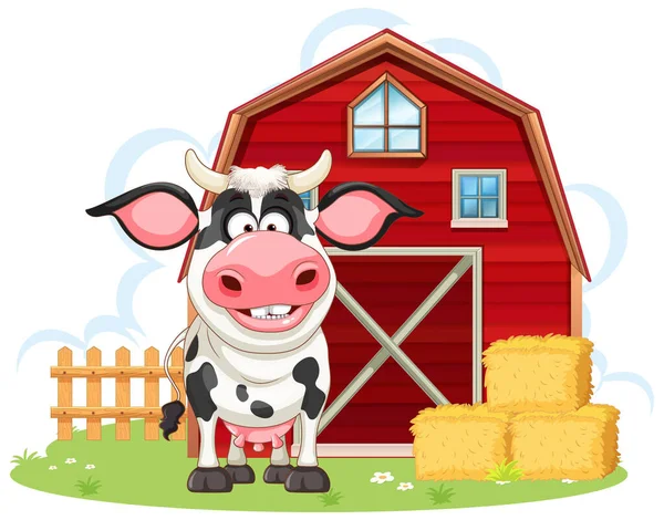 卡通风格图解中带有谷仓的奶牛 — 图库矢量图片