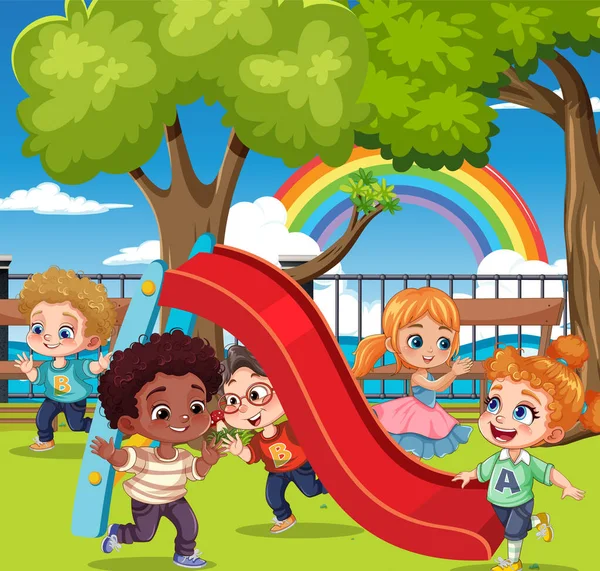 Děti Různými Rasami Hrají Dětském Hřišti Ilustrace — Stockový vektor