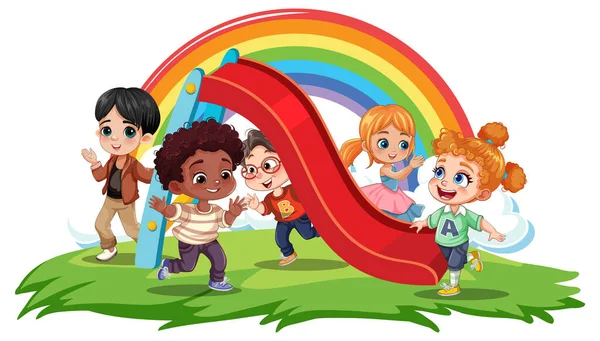 Παιδιά Διαφορετική Φυλή Που Παίζουν Στην Παιδική Χαρά Slide Illustration — Διανυσματικό Αρχείο