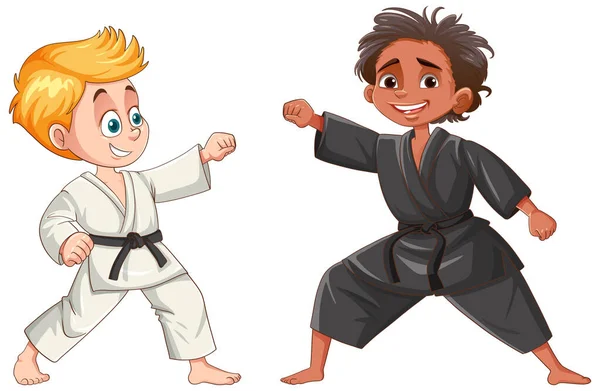 Niños Diferentes Razas Jugando Taekwondo Ilustración — Archivo Imágenes Vectoriales