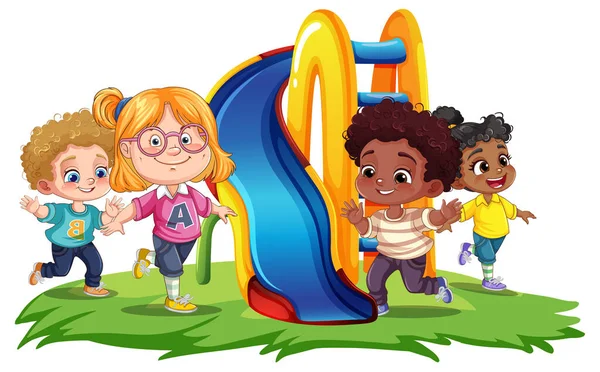 Crianças Com Raça Diferente Brincando Playground Slide Ilustração — Vetor de Stock